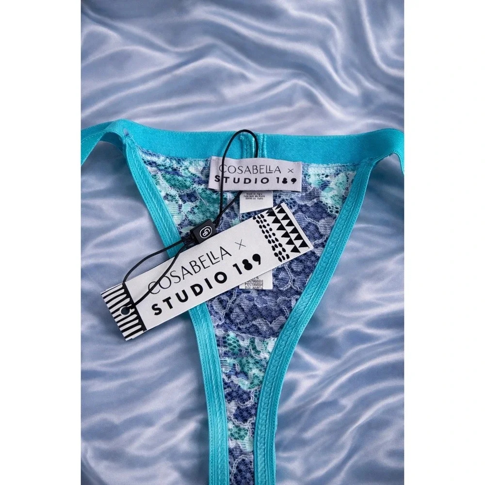 Cosabella Never Say Never Printed Tanga Italian‎ Thong Lace Blue Turquoise  NEW